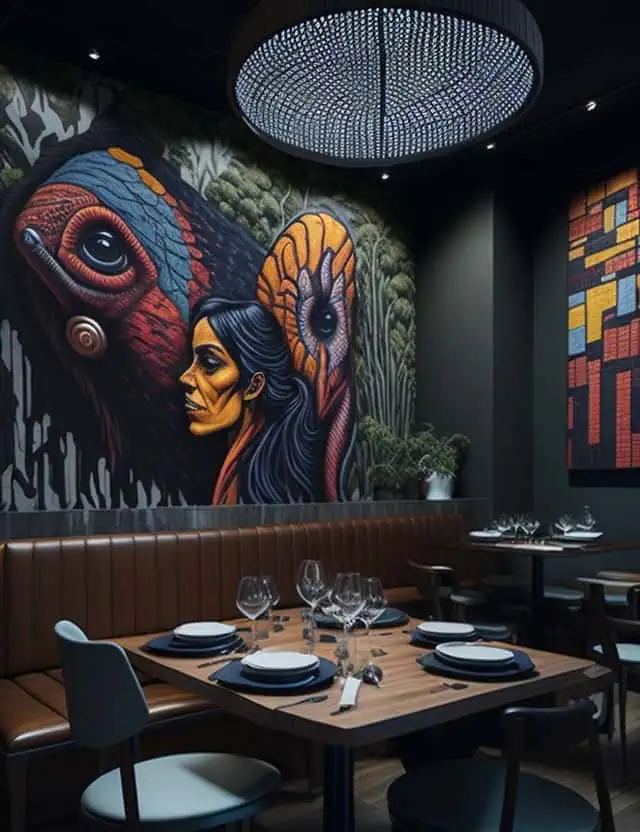 simple restaurant interior design-local art