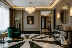 NeoDeco house names the emerald velvet & brass living room