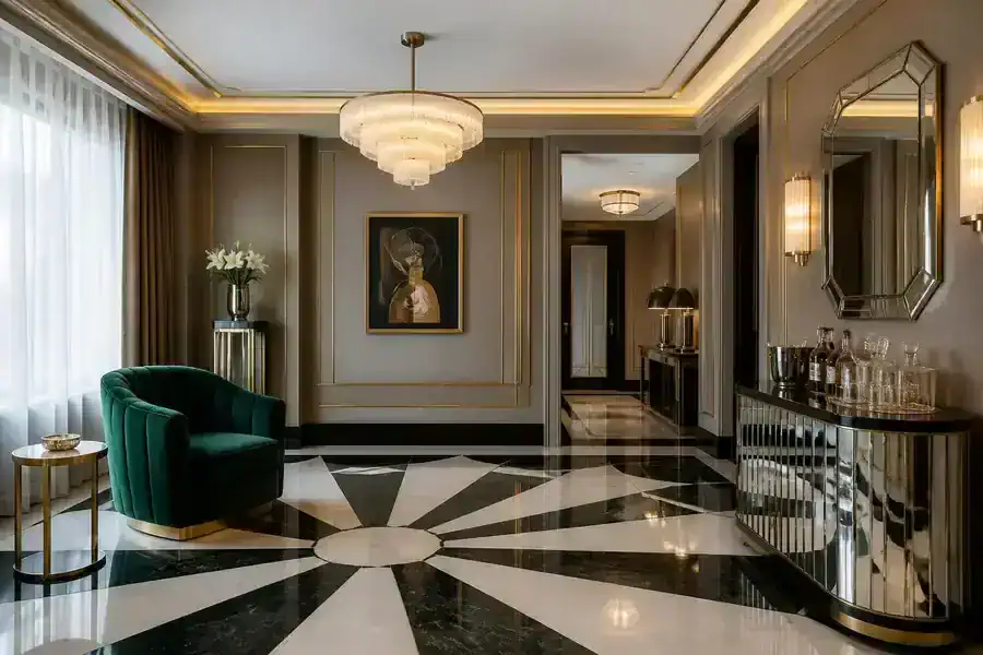 NeoDeco house names the emerald velvet & brass living room