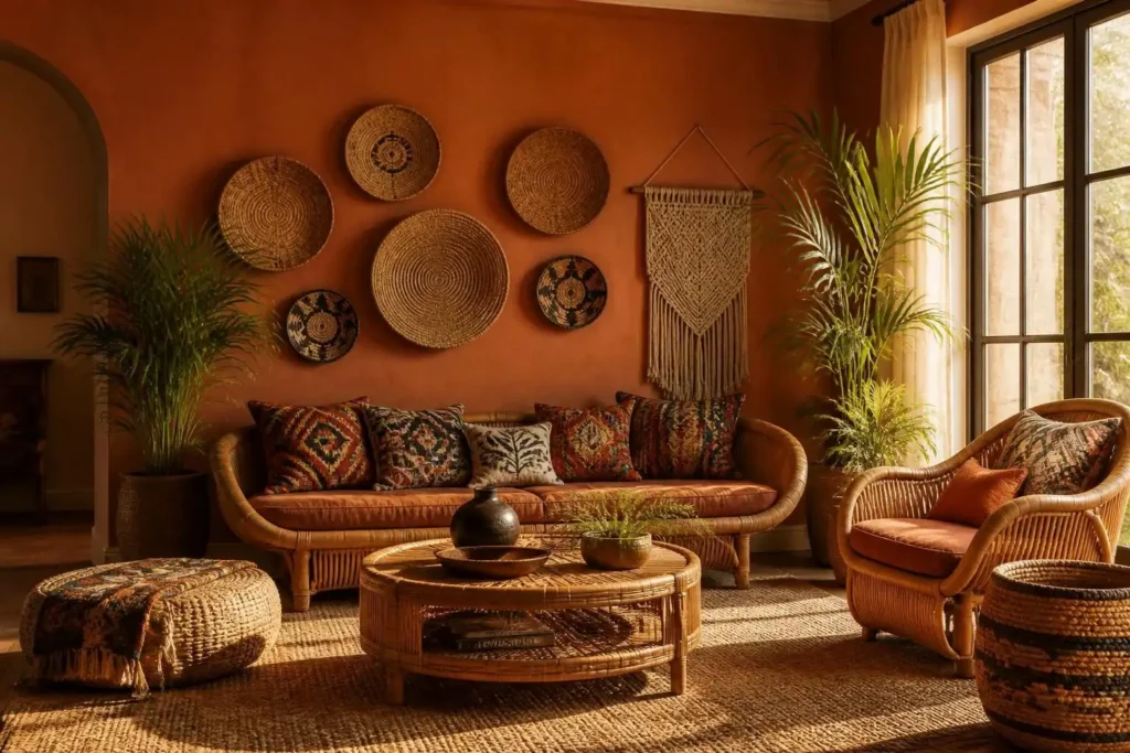 afrohemian house names - the warm terra cotta rattan living room