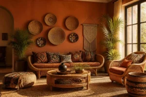 afrohemian house names - the warm terra cotta rattan living room