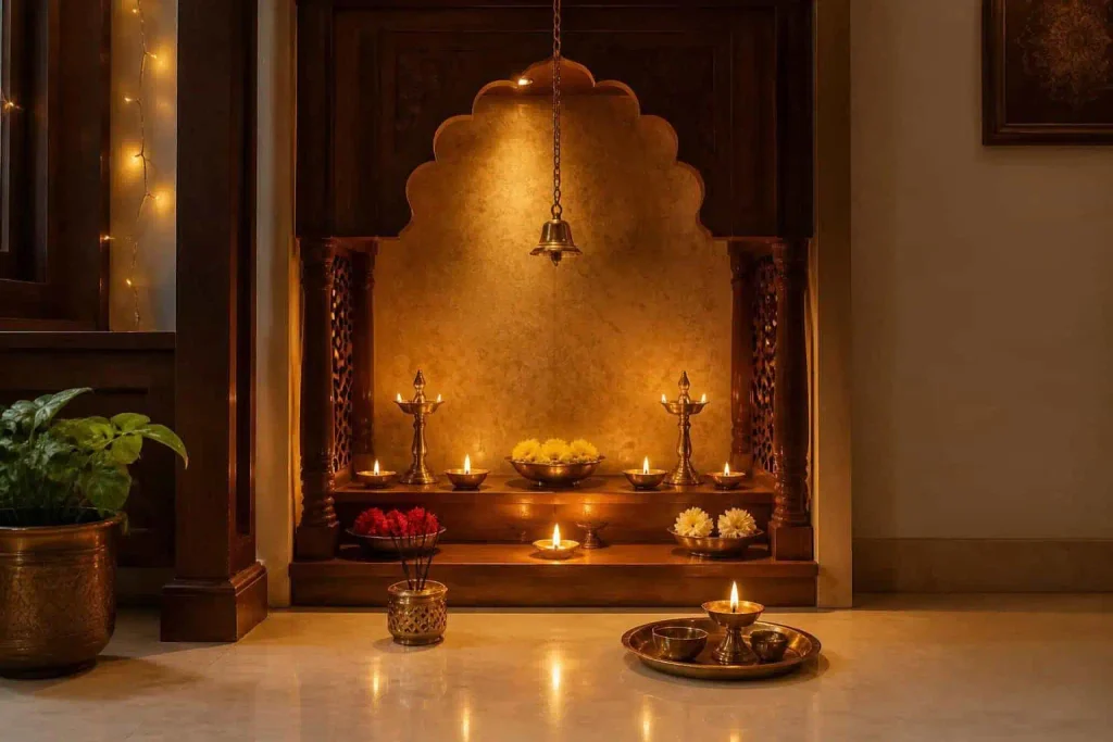 peaceful Indian home entrance with marigolds and tulsi
