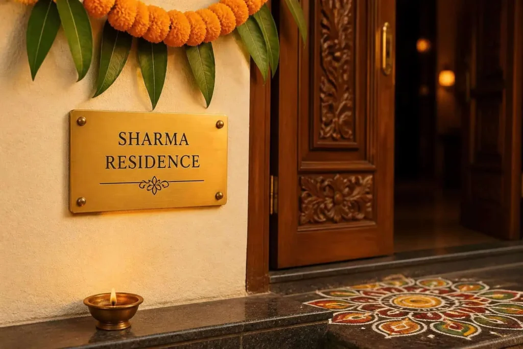 Hindu House names brass nameplate with marigold garland and diya