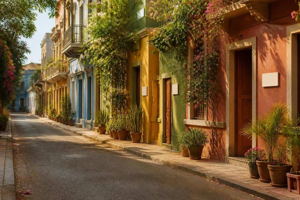 colourful Indian street of homes with blank nameplates