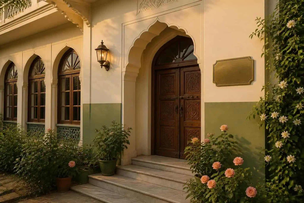 elegant home with arched windows and rose-lined entrance