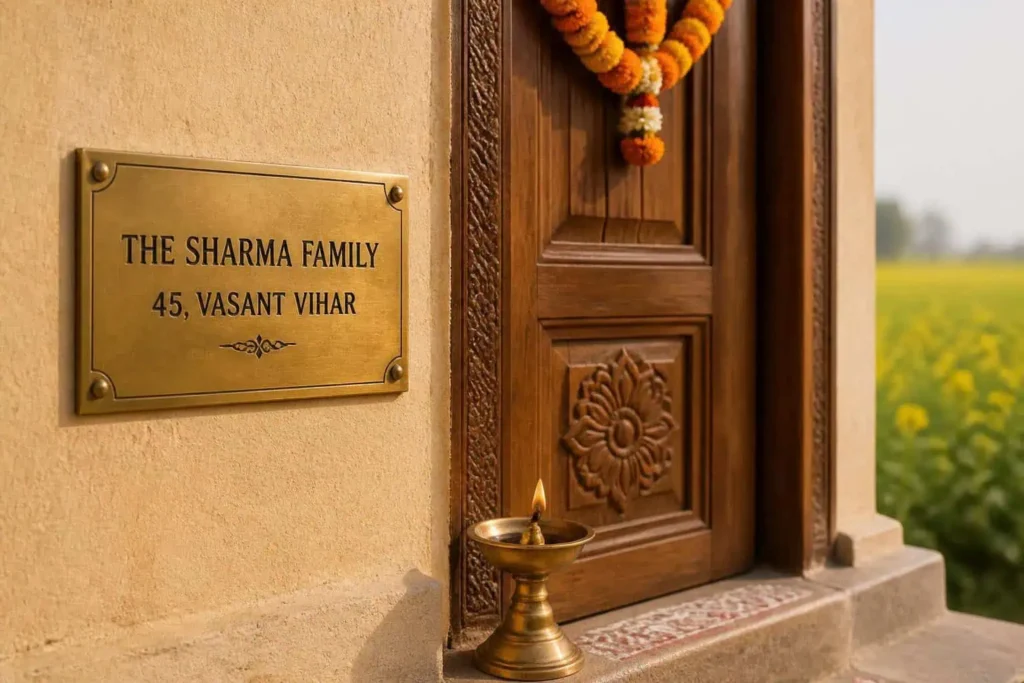 brass nameplate & marigold doorway