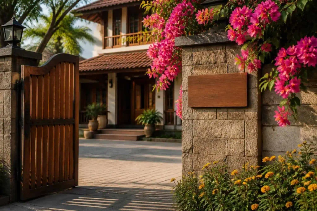 house gate with a blank wooden nameplate and flowers House names