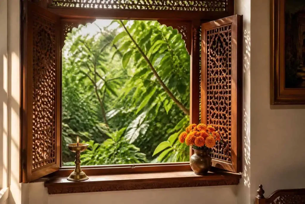 latticed jharokha window with garden view