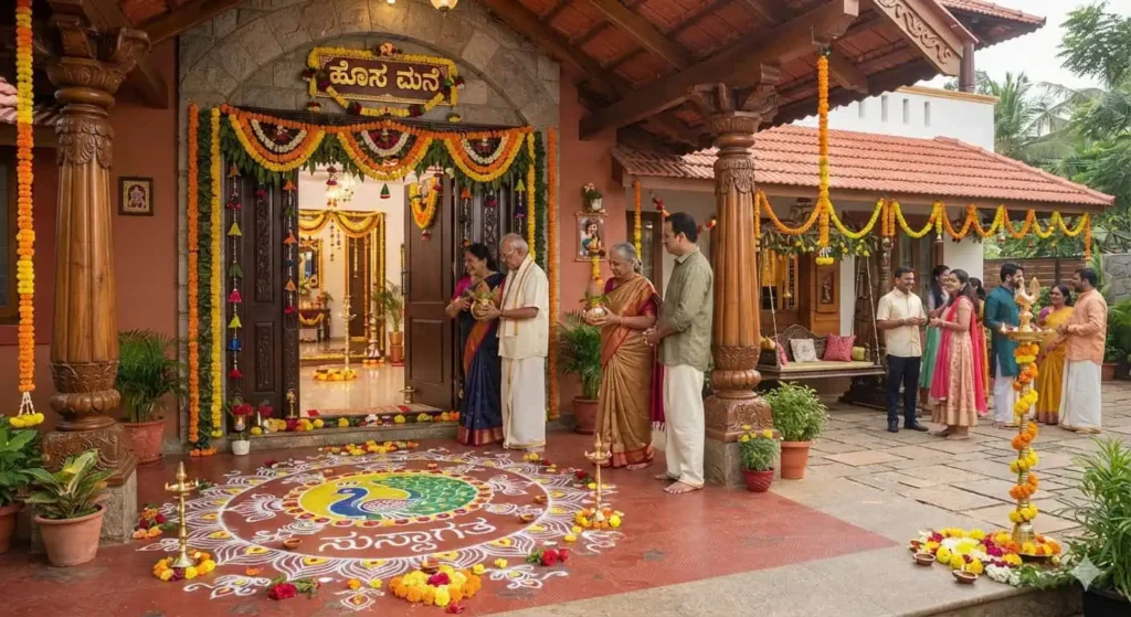 new house names in Kannada - new Karnataka-style home decorated for a housewarming with toran and rangoli