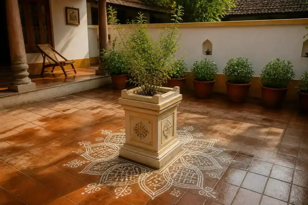House Names -- the courtyard with tulsi plant